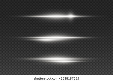 Collection of white lines, horizontal flash of light. Vector illustration