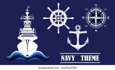 A collection of white nautical icons on a dark blue background, featuring a ship on stylized waves, a ship's wheel, an anchor, and a compass rose, with the text "NAVY THEME" at the bottom.