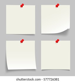 Collection of white note papers with bent corner, with the red button, ready for your message - Stock Vector.