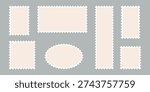 Collection of white outline postage stamp frames with wavy edges in various rectangular and circular shapes for postal mail design. Post stamp frame, Clean postage stamp template. Scallop crayon emblem, outline silhouette postage stamp icon. Vector illustration.