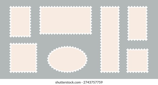 Collection of white outline postage stamp frames with wavy edges in various rectangular and circular shapes for postal mail design. Post stamp frame, Clean postage stamp template. Scallop crayon emblem, outline silhouette postage stamp icon. Vector illustration.