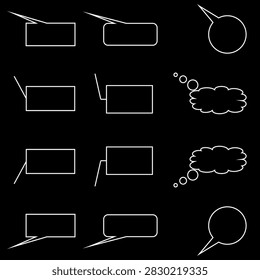 Collection of white outline speech and thought bubbles on a black background. Graphic elements for communication, ideas, and dialogue. Vector illustration.