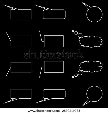 Collection of white outline speech and thought bubbles on a black background. Graphic elements for communication, ideas, and dialogue. Vector illustration.
