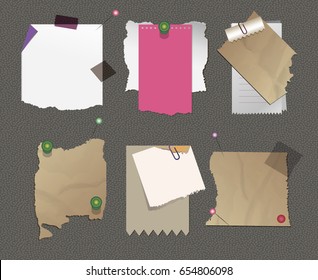 Collection of white pages, stickers, pins and buttons, isolated on a gray background. Colorful stickers with adhesive tape. Paper, shredded, torn apart. Vector illustration.