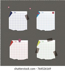 Collection of white pages, stickers, pins and buttons, isolated on a gray background. Colorful stickers with adhesive tape. Paper, shredded, in tatters. Torn paper. Vector illustration.