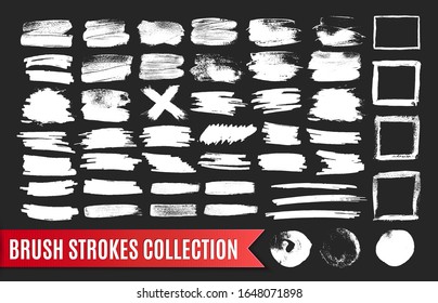 Collection of white paint brush strokes, grunge effect elements. Must have white grunge shapes for any design. Vector banners