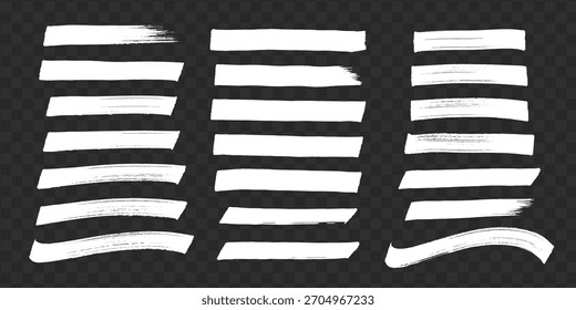 Collection of white paint brush strokes with rough texture, grunge style on transparent checkered background, concept of artistic design elements