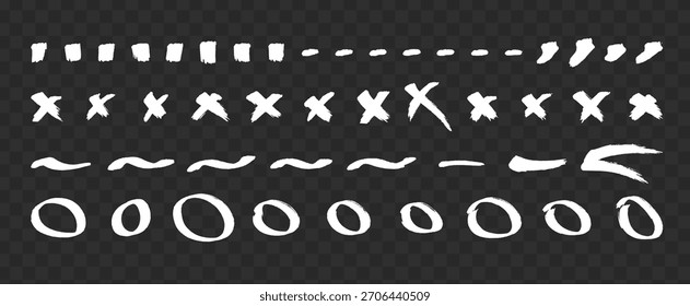 Collection of white paint brush strokes with rough texture, grunge style on transparent checkered background, concept of artistic design elements