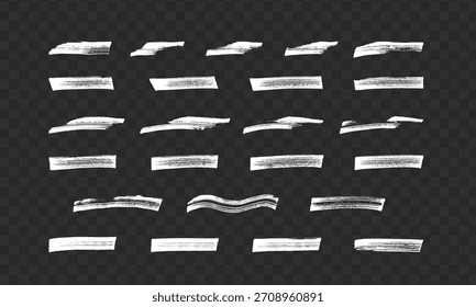 Collection of white paint brush strokes with rough texture, grunge style on transparent checkered background, concept of artistic design elements
