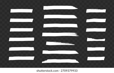 Collection of white paint brush strokes with rough texture, grunge style on transparent checkered background, concept of artistic design elements