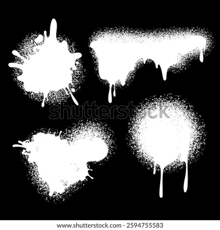 Collection of white paint splatters,drips,spray effects on a black background, grunge, graffiti-style aesthetic.for street art designs, urban graphics,abstract creative projects.Vector illustration