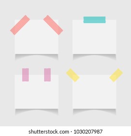 A collection of white paper sheets for notes of colored scotch fixed on pieces on a white background. Isolated set of stickers for taking notes with a shadow. Realistic Vector. Ready for your message.