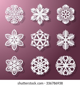 Collection of white paper snowflakes. Vector illustration