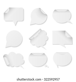Collection of white paper speech bubbles on white background