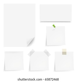 Collection White Papers With Adhesive Tapes And Pushpin, Isolated On White Background, Vector Illustration