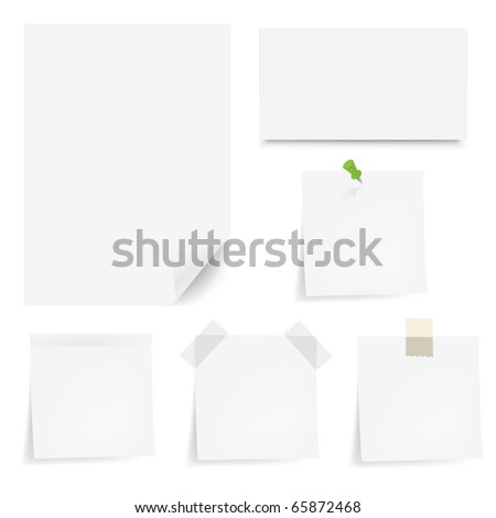 Collection White Papers With Adhesive Tapes And Pushpin, Isolated On White Background, Vector Illustration