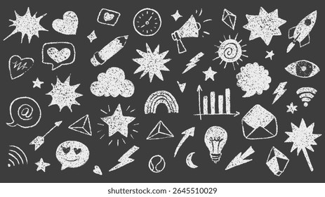 Collection of White Pencil Style Hand Drawn Sketch Icons on Dark Background