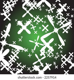 A collection of white petals falling on a green background