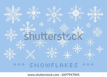 Collection of white Pixel Art snowflakes. Isolated decorative elements for UI, effects, collectibles, retro games, New Year and Christmas designs. Vector clip art set for winter season.