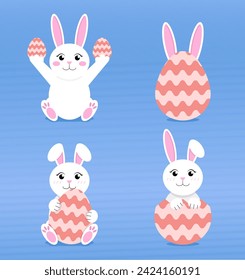 Collection with white rabbits and Easter eggs