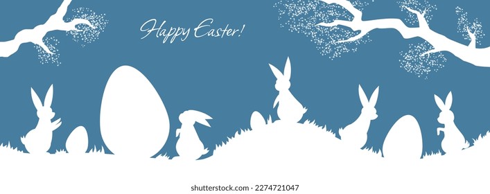 Collection of white rabbits and eggs scene in silhouettes for Easter Holiday. decorative animals, symbols of the celebration, vector graphic decorations.