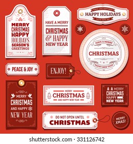 Collection of white and red christmas vector labels and ornaments.