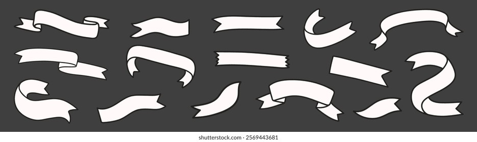 Collection of white ribbon banners on a dark background. Ribbons vary in shape and style. Perfect for design projects needing ribbon elements. Element vector set.