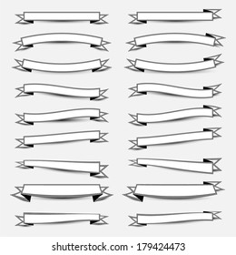 Collection of the white ribbons with black stripes on the gray background