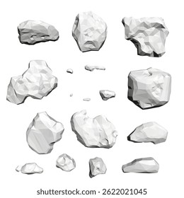 Una colección de rocas blancas en varios tamaños y Formas. Las rocas están esparcidas por la Imagen, con algunas superpuestas entre sí. La escena es de rugosidad y belleza natural