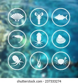 Collection of white seafood icons in flat style on blur background