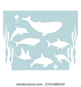 A collection of white silhouettes of various sea creatures including a whale, shark, dolphin, sea turtle, ray, and jellyfish on a light blue background.