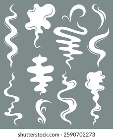 Collection of White Smoke and Vapor Swirls. Elegant and Abstract Set of Incense, Steam, and Fragrance Symbols on a Subtle Grey Background, Representing Aroma, Relaxation, and Airy Motion