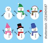 Collection of White Snowman Winter on Blue Background