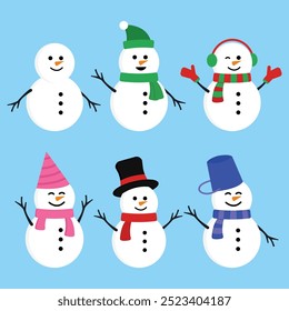 Collection of White Snowman Winter on Blue Background