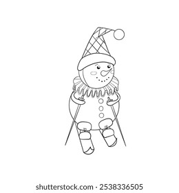 Collection of White Snowman Winter on Blue BackgroundVintage cute snowman in boots, jabot and hat skiing. Black and white vector hand-drawn illustration in cartoon style. Christmas element for cards