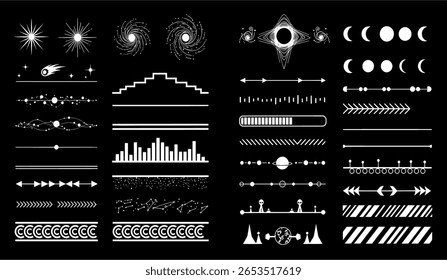 Coleção de espaços em branco e divisores temáticos celestes, bordas e elementos de design em um plano de fundo preto.