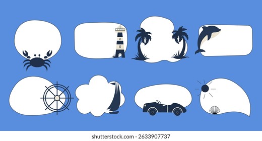 Collection of white speech bubbles with marine and tropical icons like crab, lighthouse, palm trees, dolphin, yacht, car and sun on a blue background. Cartoon style, clean and simple shapes