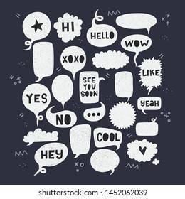 Collection of white speech bubbles on black background with doodles. Set of talking expressions in balloons. Lettering exclamations Hi, Hello, Yes, No, Wow, Like, Cool, Hey, Yeah, See You Soon, Xoxo