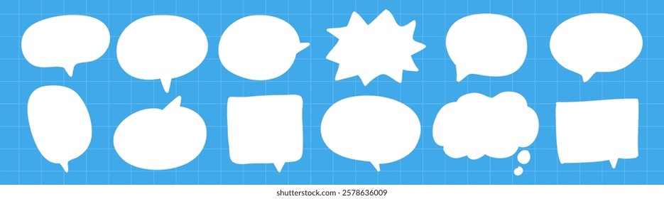 A collection of white speech bubbles on a blue grid background. Various shapes of speech bubbles, perfect for comics or design projects. Speech bubbles for creativity. Graphic vector illustration set.