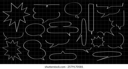 Collection of white speech bubbles on a black grid background. Various shapes of speech bubbles, perfect for comics or design projects. Speech bubbles in different styles. Message illustration vector.