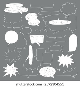 A collection of white speech bubbles on a gray background. Various speech bubbles, including round, square, and cloud shapes. Speech bubbles for creative designs. Message illustration vector.