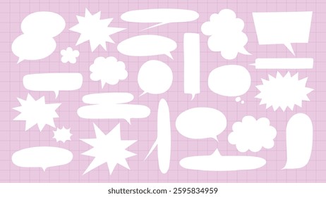 A collection of white speech bubbles on a pink grid background. Various shapes of speech bubbles. Perfect for comics, speech bubbles, and design projects. Message illustration vector.