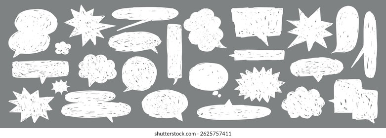 Collection of white speech bubbles on a gray background. Various shapes of speech bubbles. Doodle-style speech bubbles for comics or design. Message illustration vector.