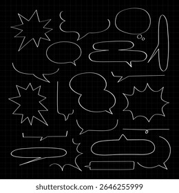 A collection of white speech bubbles on a black grid background. Various speech bubbles, dialogue bubbles, and comic bubbles in different shapes and sizes. Message illustration vector.