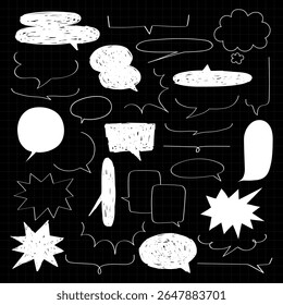 A collection of white speech bubbles on a black grid background. Various shapes and sizes of speech bubbles, including clouds and bursts, fill the design. Message illustration vector.