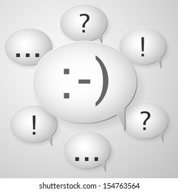 collection of white speech bubbles with smile, question mark, exclamation mark and three dots
