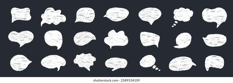 Collection of white speech thought bubbles with grunge scribble chalk charcoal texture. Set of hand drawn Text Balloon shapes. Perfect for child education creative design, comics, social media, poster