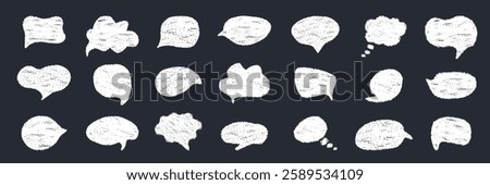 Collection of white speech thought bubbles with grunge scribble chalk charcoal texture. Set of hand drawn Text Balloon shapes. Perfect for child education creative design, comics, social media, poster