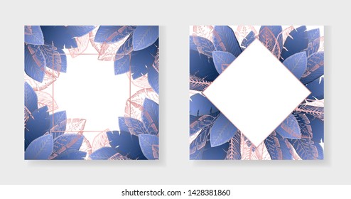 Collection of white square backgrounds with bright dark blue and outline pink tropical leaves. Summer exotic indigo leaf frames set for birthday greeting cards, banner design, wedding decoration