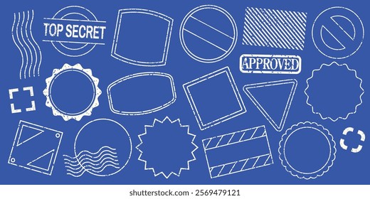 Collection of white stamp outlines on blue background. Various shapes include circles, squares, and triangles. Stamps include 'Top Secret' and 'Approved' labels. Blue blank stamps, vector set.